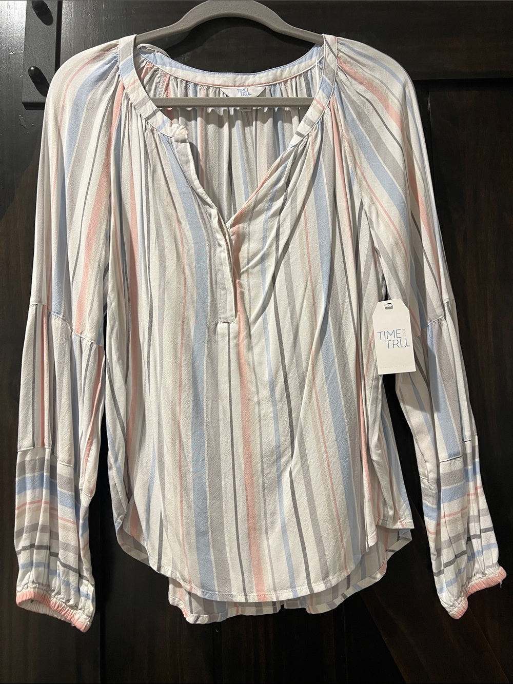 Time and Tru Striped Split-Neck Blouse - White, Blue, Pink, Gray